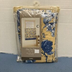 Home Trends Tara Yellow w/Blue Floral Pattern & Blue Stripe Bottom One Tier Pair